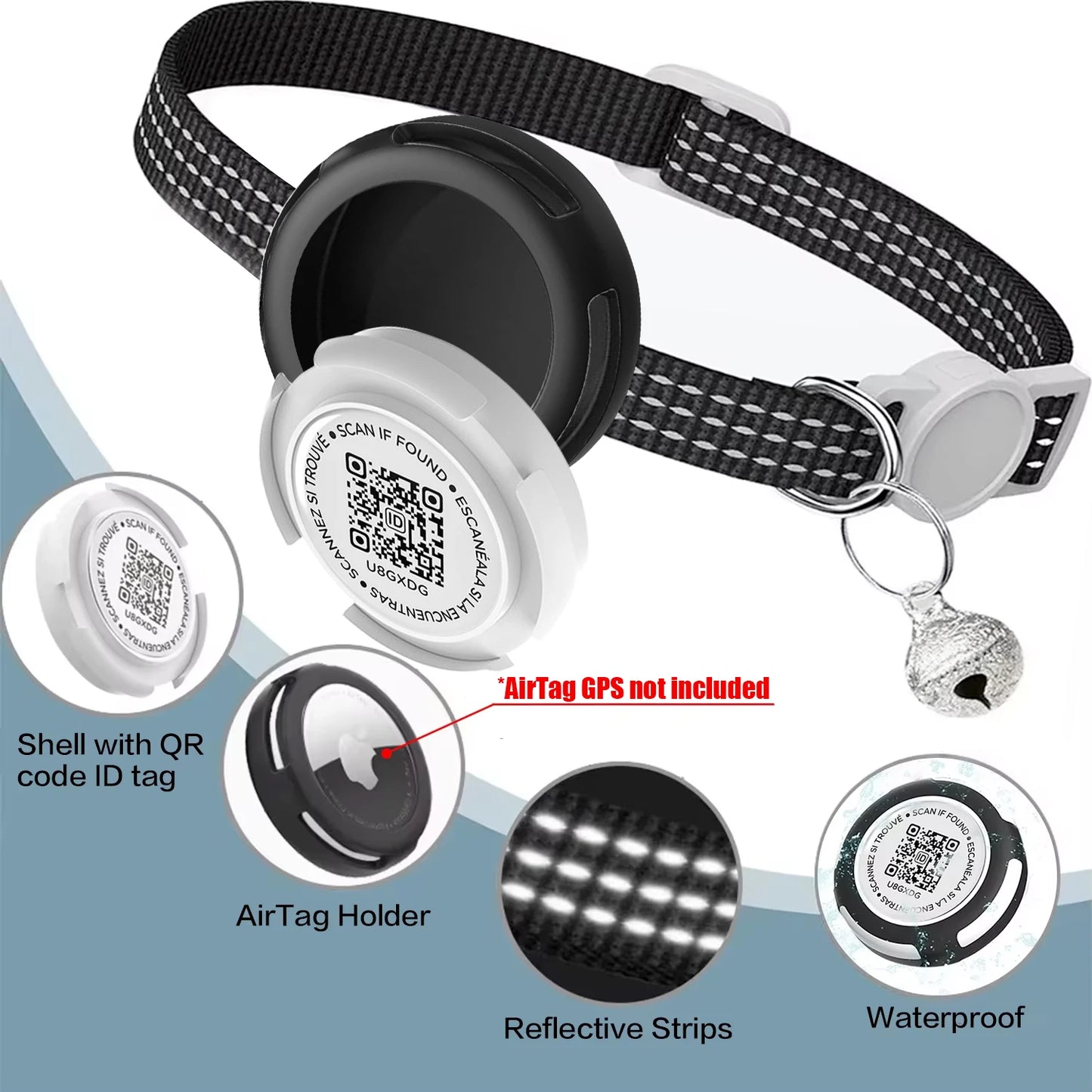  Cat Collar with Airtag Case (GPS Tracker) & QR ID Tag Dual Protection 