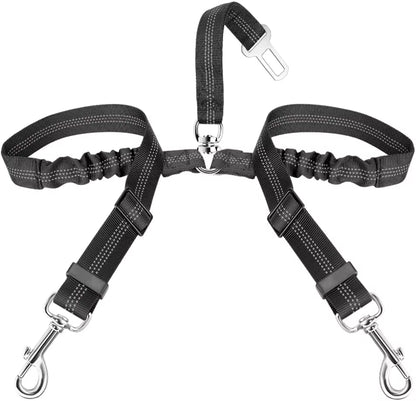 Dog Seat Belt, Double Dog Seatbelt Adjustable Vehicle Safety Leash with Elastic Bungee Buffer, Reflective No Tangle Y Shape Two